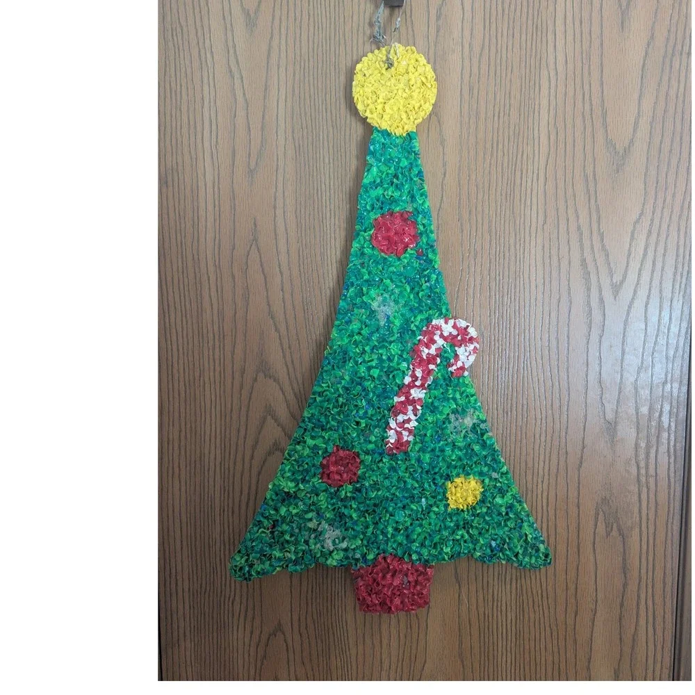 Vintage Melted Popcorn Plastic Christmas Tree Candy Cane Retro Wall Decor